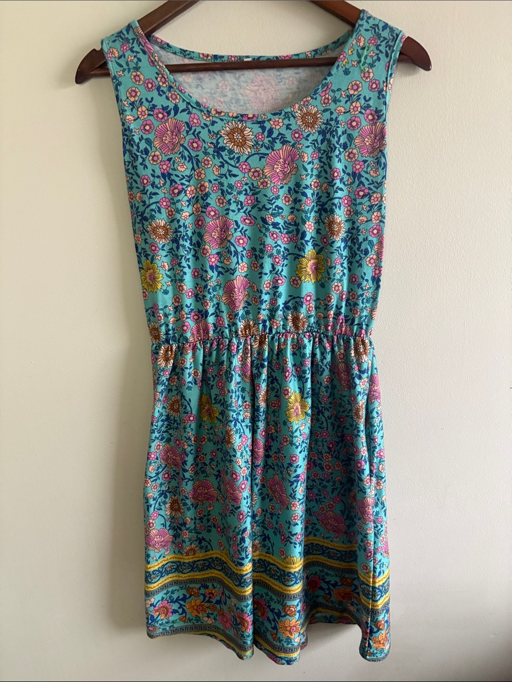 Boho Floral Sleeveless Fit & Flare Dress Aqua Blue Border Print Est L